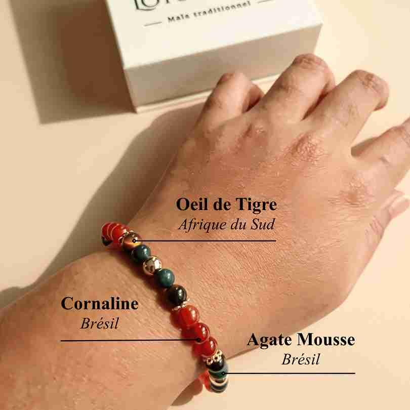 Bracelet Cornaline, Oeil de Tigre et Agate Mousse