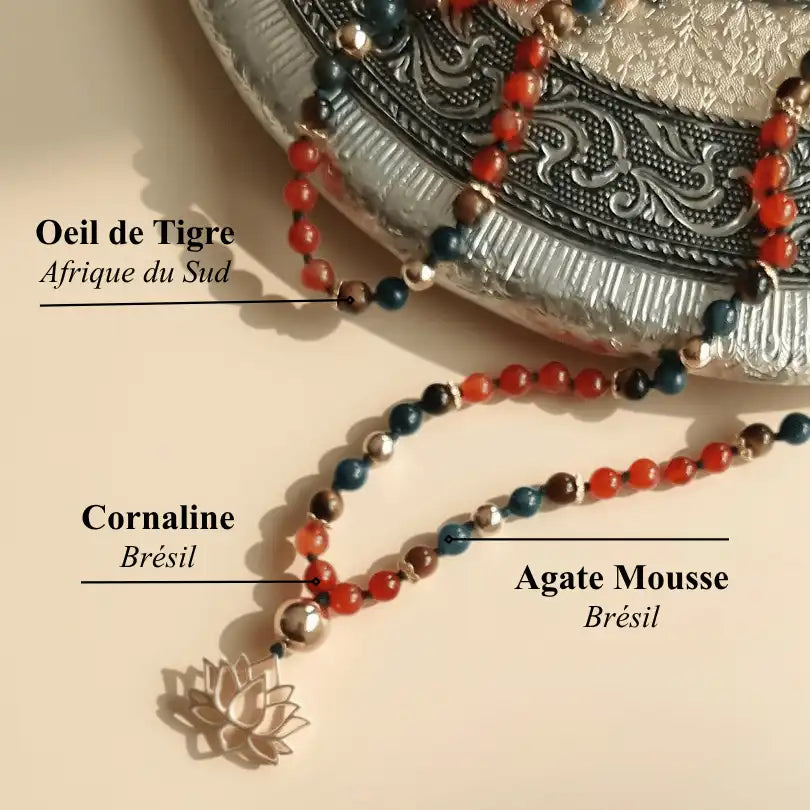 Mala Cornaline, Oeil de Tigre et Agate Mousse