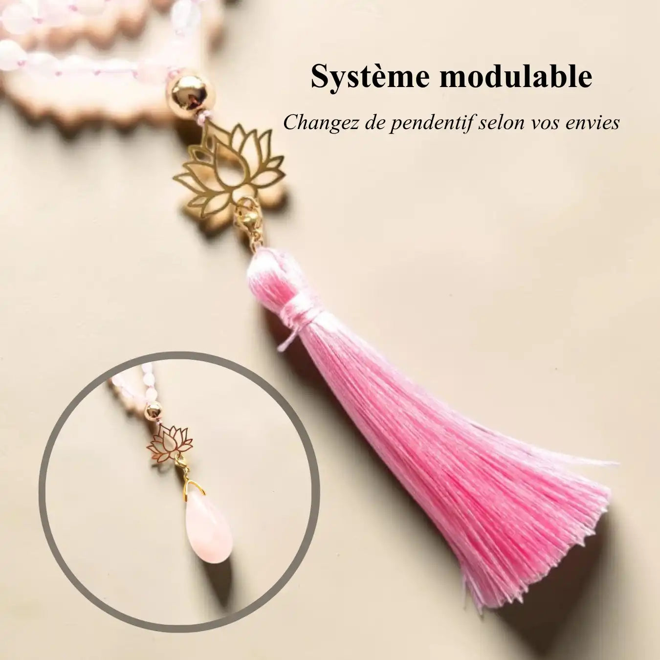 Mala Quartz Rose avec pendentif Modulable